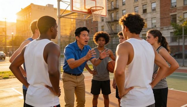 Youth basketball coach giving motivational team talk on urban outdoor court at sunset