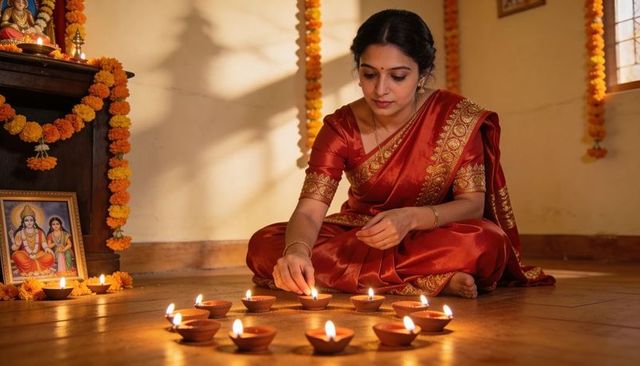 Woman in red silk sari lighting clay diyas for diwali puja with marigold garlands