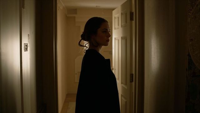 Standing woman gazing down dim hallway backlit by open door moody home interior silhouette
