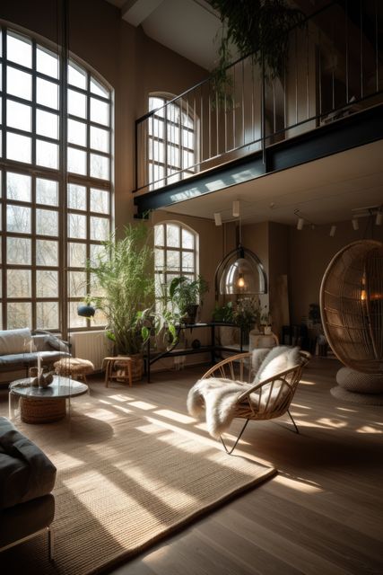 General view of modern loft apartment with large windows, created using generative ai technology. Modern interior design, architecture and urban home decor concept digitally generated image.