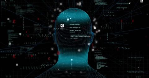 Teal Mesh Head Emitting Neural Network Data in Cyber Grid Holographic Visualization