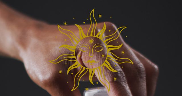 A hand is applying cream with a sun illustration overlay. It can be used for promoting skin care products, wellness blogs, beauty routines, and personal hygiene tips.