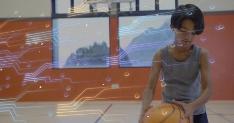 Young Athlete Dribbling Basketball in Modern Digital Space