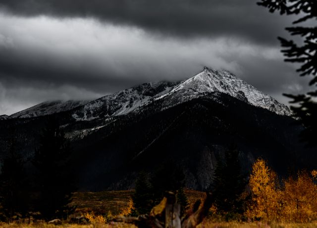 Snow-capped mountain peak under dramatic dark clouds with autumn foliage in the foreground. Ideal for use in travel brochures, nature magazines, outdoor adventure posters, or backgrounds for seasonal marketing campaigns. The contrast between the autumn colors and the snowy mountains provide a stunning visual that highlights both the beauty of nature and the changing seasons.