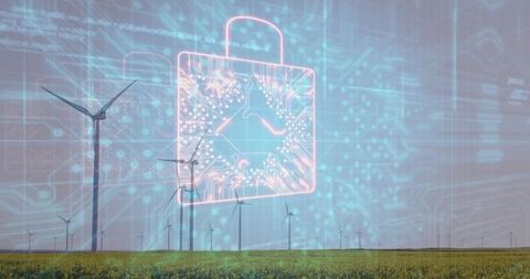 Digital Padlock Overlay with Wind Turbines in Futuristic Technology Concept