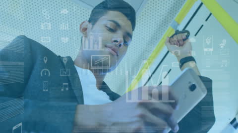 Man on Bus Engaging with Digital Technology and Icons