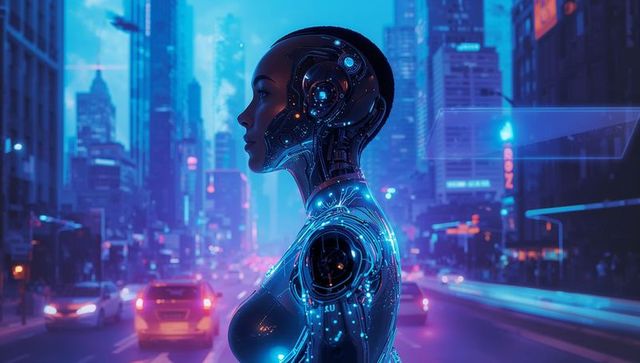 Futuristic android with neon circuitry in urban cityscape