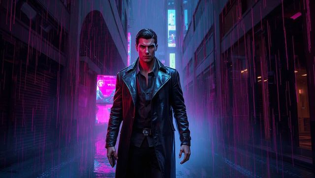 Brooding cyberpunk detective standing in neon alley wearing black leather trench coat