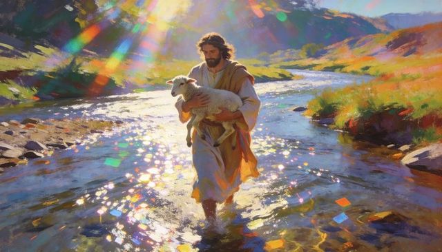 Bearded shepherd carrying lamb through sunlit river with pastoral hills and radiant sunbeams