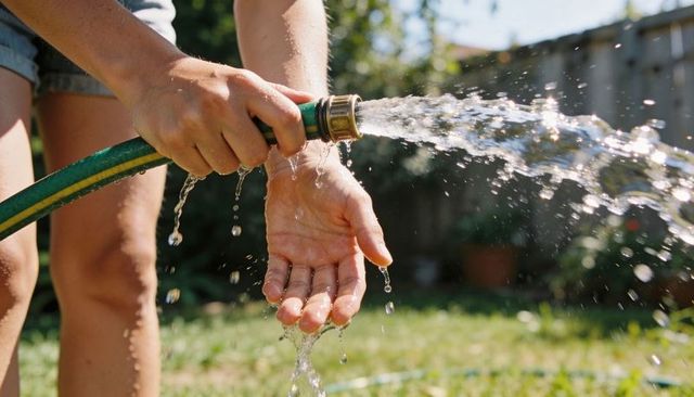 Holding garden hose catching water with open hand in sunny backyard summer scene