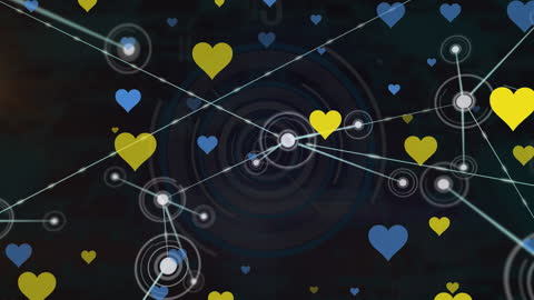 Animated Network of Heart Icons on Dark Background