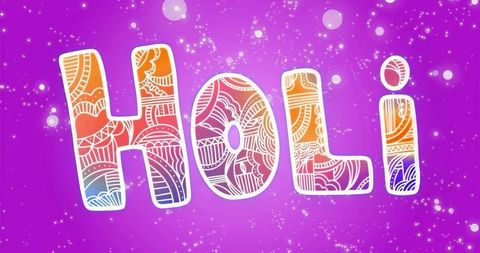 Vibrant holi typography with ornamental doodle fill on purple sparkling background