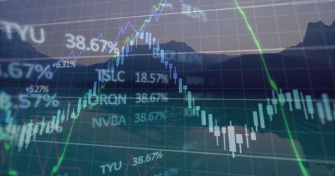 Trading chart overlaying twilight lake and mountain silhouette, candlestick analytics