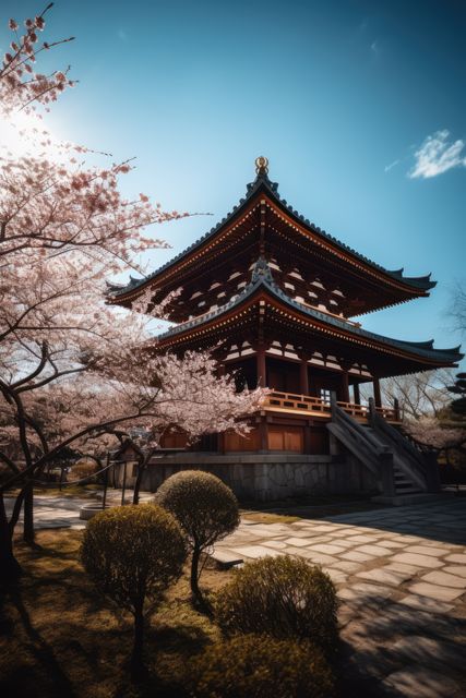 Traditional Japanese pagoda beautifully surrounded by cherry blossoms in full bloom. Captures essence of Japanese heritage and culture during spring. Ideal for travel magazines, promotional materials for Japan tourism, culturally themed events, or decor for an Asian-inspired space.