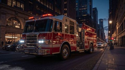 Fire truck shining emergency lights in urban evening scene