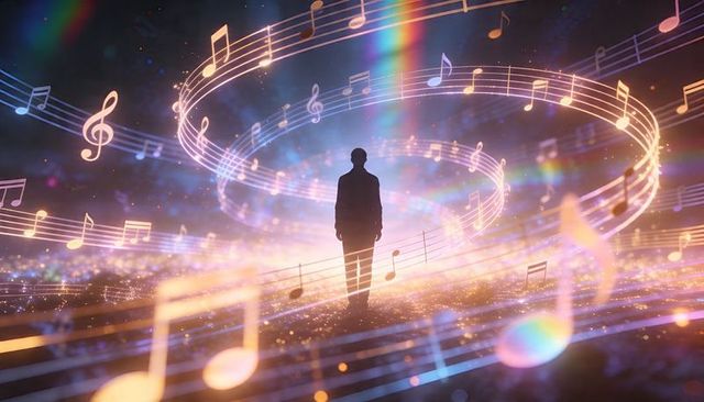 Silhouette man walking into glowing musical vortex with floating notes and luminous staves