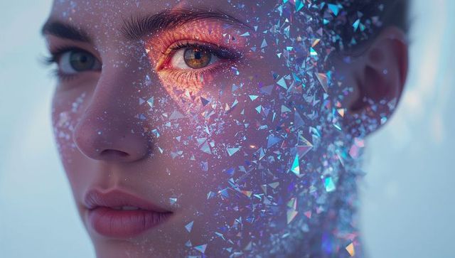Iridescent Prism Shards on Close-Up Woman Face Highlighting Shimmer Makeup and Texture