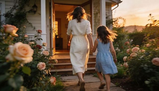 Mother and daughter walking barefoot through rose garden into cozy home at golden sunset