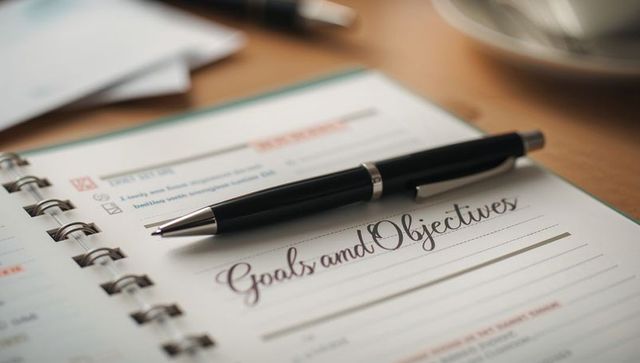 Goals and Objectives Planner with Black Pen on Wooden Desk for Productivity and Planning