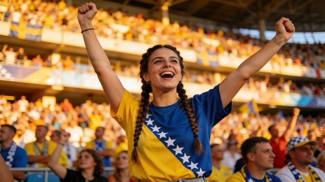 Cheering bosnian fan raising arms in stadium at golden hour celebrating victory with crowd