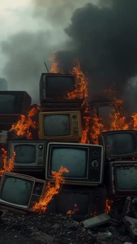 Vertical video stacked CRT televisions burning in wasteland, sending thick smoke and embers