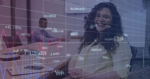 Smiling Businesswoman with Financial Data Overlay