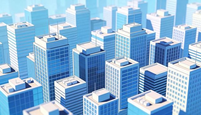 Blue aerial cityscape showing cluster of office skyscrapers with rooftop units