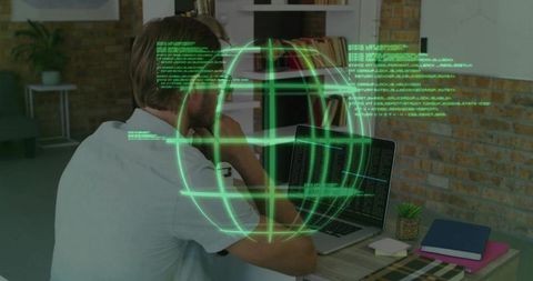 Developer coding with holographic AR globe overlay in modern home office workspace