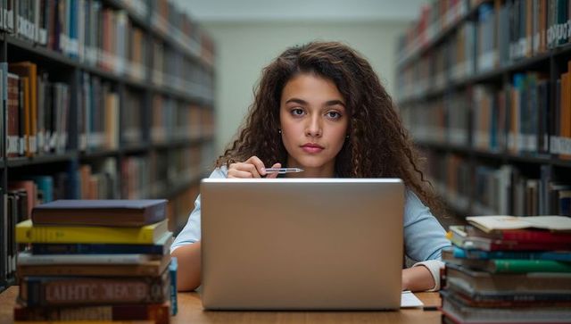 Female teen studying on laptop in library aisle, holding pen and focusing on research