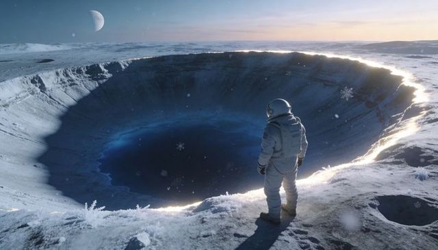 Astronaut on icy crater rim at sunrise surveying frozen abyss under crescent moon