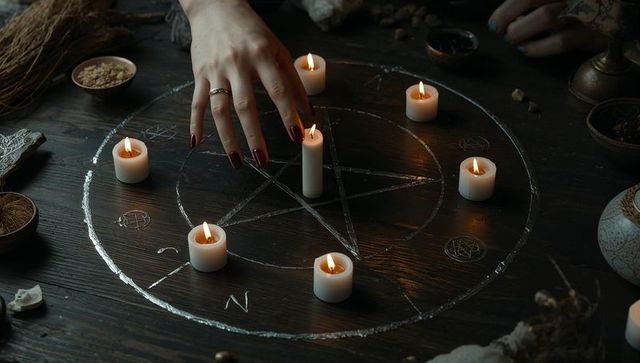 Mystic ritual with pentagram and candles on wooden table