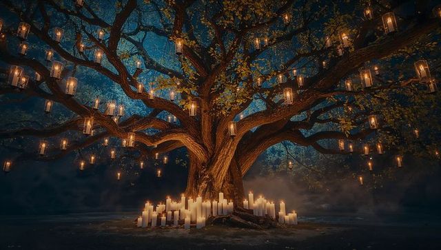 Enchanted tree illuminated by glowing lanterns in mystical forest