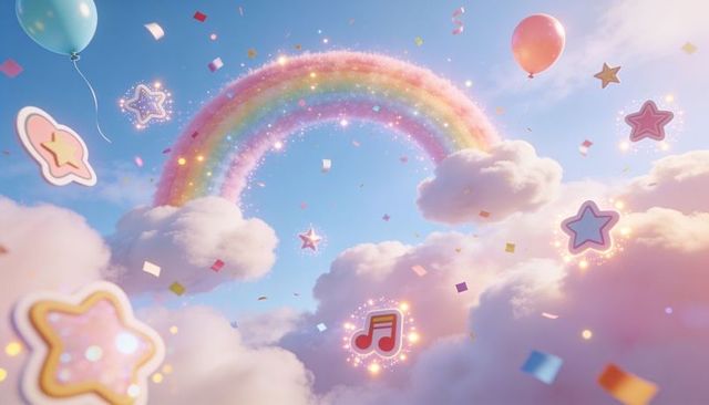 Pastel rainbow arching over dreamy clouds, balloons floating, stars sparkling