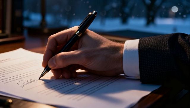 Executive Signing Contract with Luxury Gold Fountain Pen Close-Up on Wooden Desk at Night
