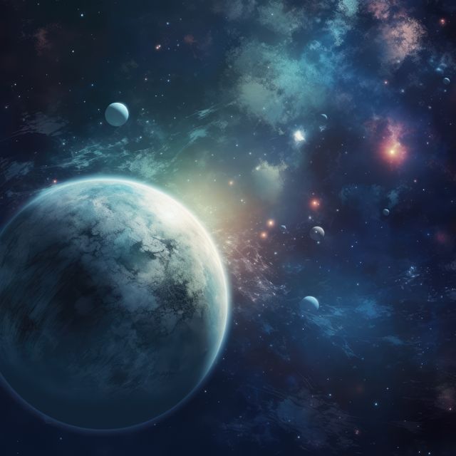 Mesmerizing deep space scene features a planet, smaller celestial bodies, and vibrant star clusters. Ideal for backgrounds in sci-fi movies, website headers, book covers, and educational materials about astronomy and the universe. Perfect for themed graphics, fantasy artwork, and digital wallpapers.
