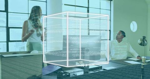 Woman presenting holographic ar cube during collaborative tech meeting in modern office