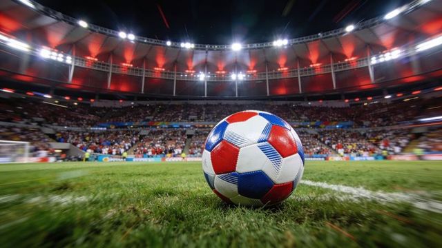 Closeup tricolor soccer ball on sideline under stadium floodlights with packed crowd
