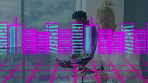 Futuristic Cityscape Overlay with Collaborative Business People