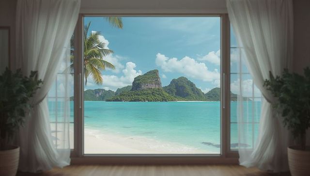 Villa window view overlooking pristine turquoise ocean