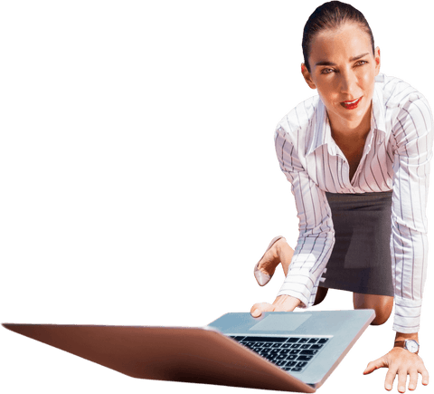 Caucasian Businesswoman Engaging with Laptop on Transparent Background