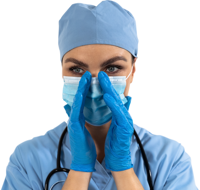 Transparent Background Medical Professional in Blue Scrubs Adjusting Mask - Download Free Stock Videos Pikwizard.com