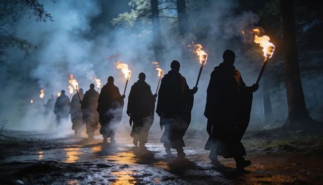 Torchbearers marching through misty forest at night, cloaked procession with torches