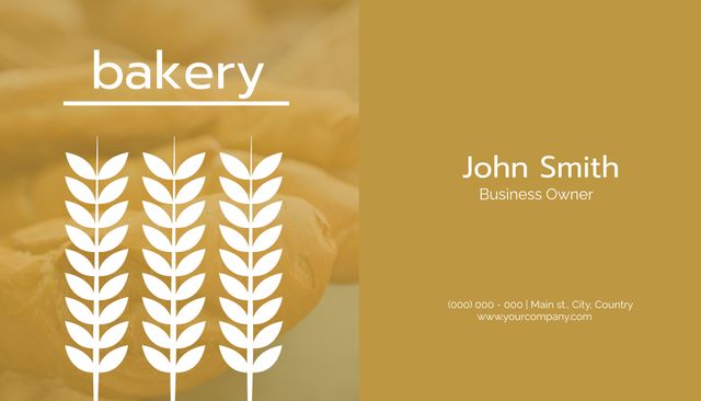 An elegant business card designed for a bakery featuring a stylized wheat motif, indicative of fresh, high-quality ingredients. Pictured is contact information, perfect for showcasing a business owner's details. A great choice for bakery branding and business professional identity cards.