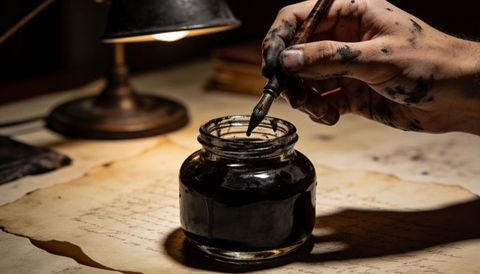 Dipping ink pen into inkwell with stained hand holding nib over parchment by lamp light