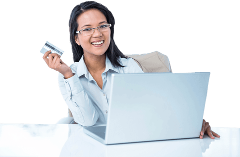 Transparent Businesswoman Holding Credit Card with Laptop