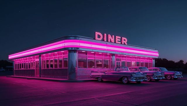 Neon-glowing diner at dusk casting magenta light over vintage cars and chrome trim