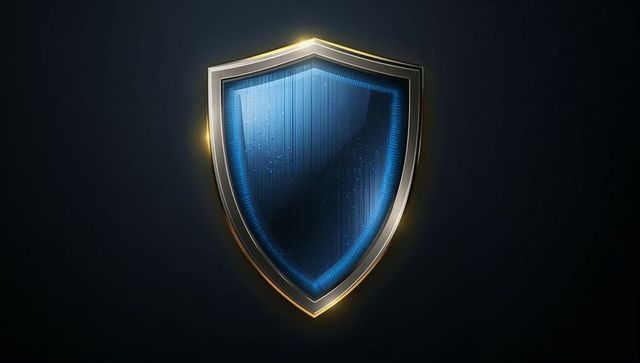 Futuristic Blue Metallic Shield Emblem with Silver-Gold Rim for Cybersecurity Branding