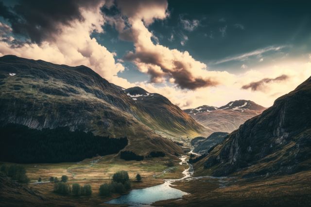 Scenic landscape with mountains and sky with clouds, created using generative ai technology. Scenery and beauty in nature concept digitally generated image.