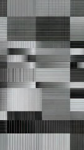 Vertical glitch mosaic displaying shifting gray stripes and geometric digital distortion