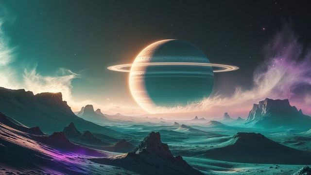Majestic ringed planet over alien landscape at twilight